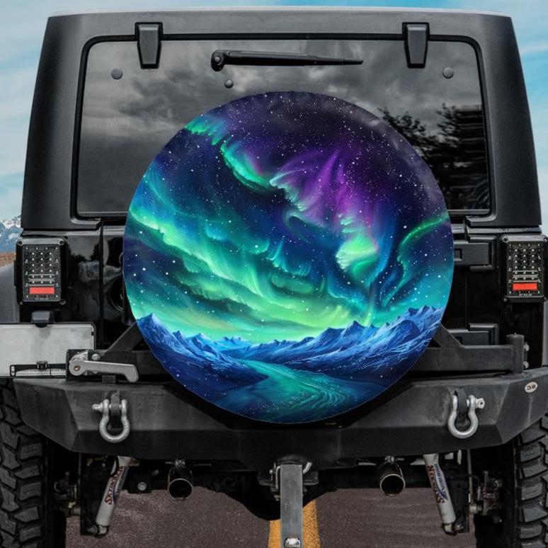 aurora borealis tire cover in green and purple