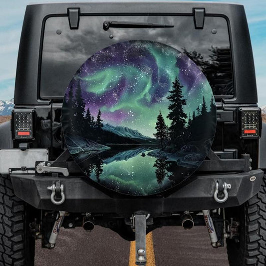 aurora tire cover in green and purple