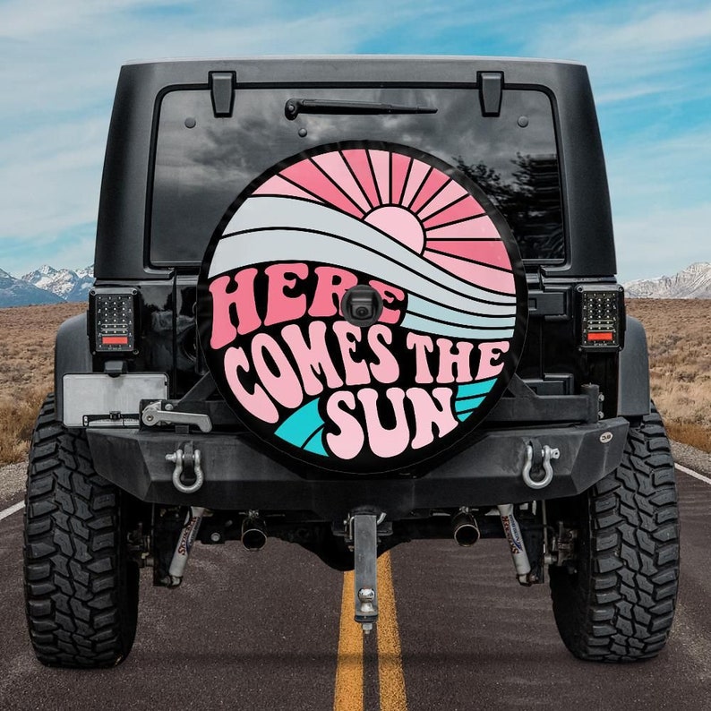 summer jeep tire cover with backup camera hole, here comes the sun tire cover, pink tire cover for jeep, wrangler tire cover, summer tire cover