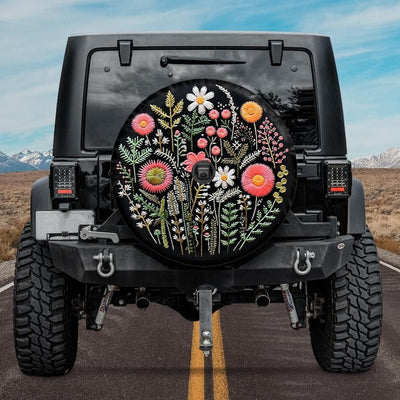 jeep tire cover with backup camera hole, botanical tire cover, unique spare tire cover with floral design, faux embroidery tire cover