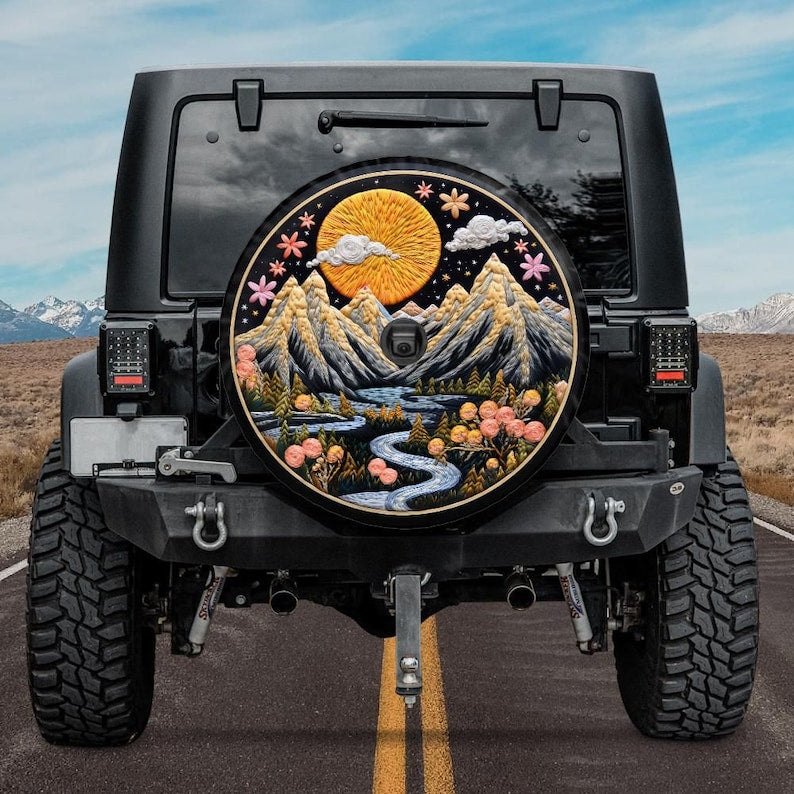 jeep tire cover with backup camera hole, boho tire cover, camping tire cover, embroidery tire cover with mountain landscape