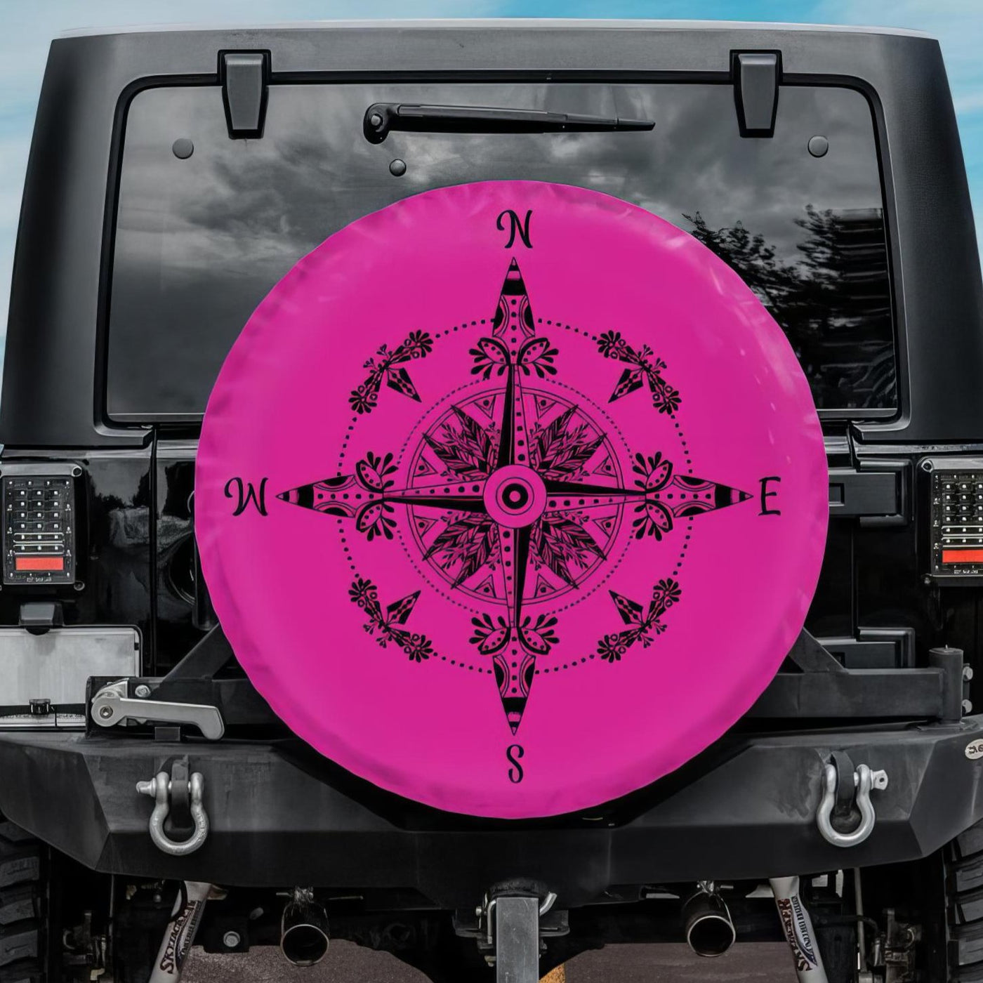 pink tire cover, boho compass design