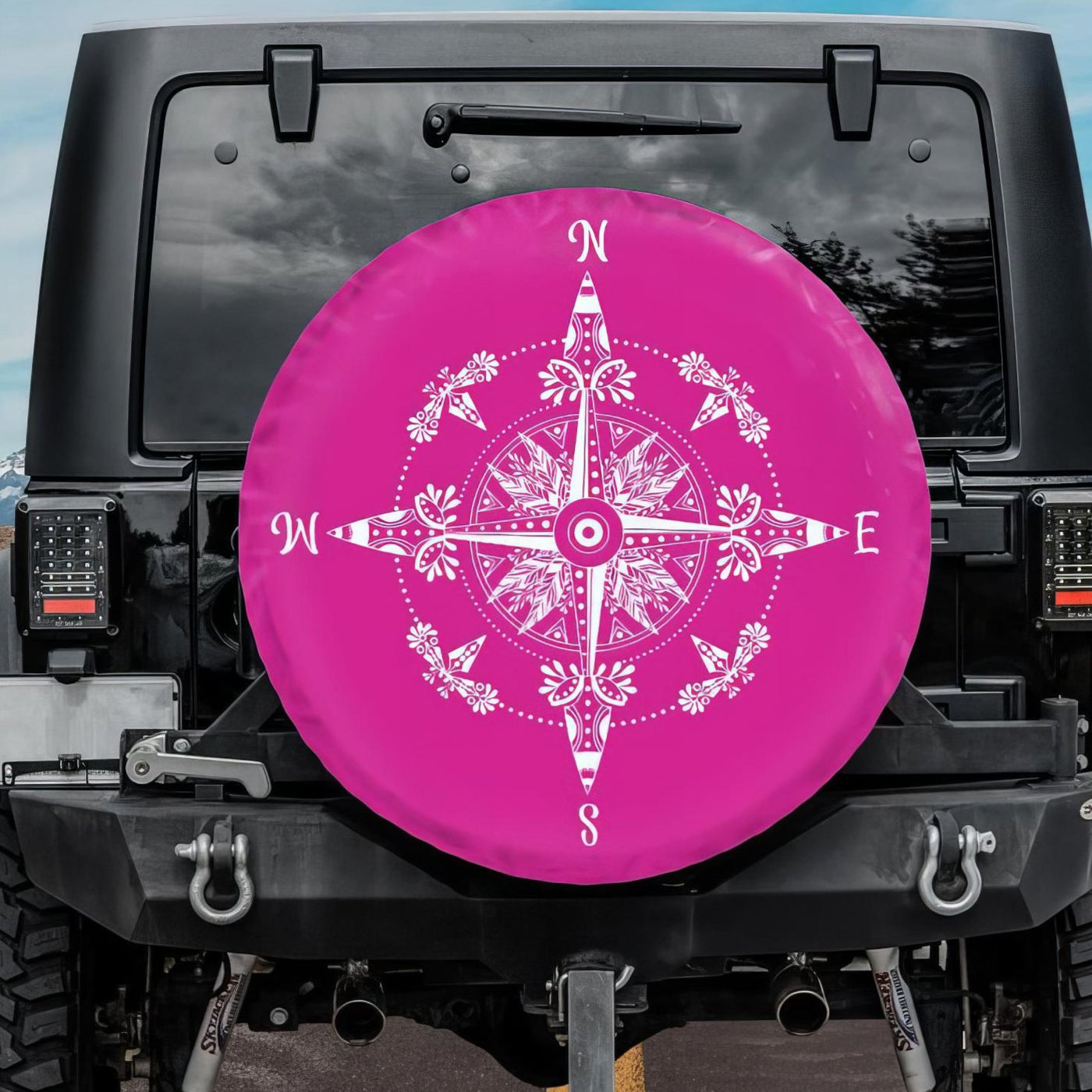 boho pink tire cover, compass design