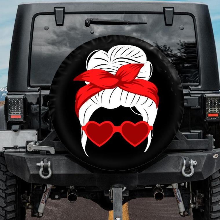 Messy Bun Polka Dot top Sunglasses Spare Tire Cover for any Vehicle, Make, Model and Size