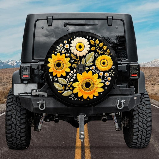 jeep tire cover with sunflower design, faux embroidery tire cover, boho tire cover, backup camera hole, jeep girl