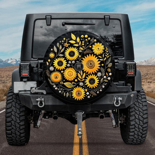 jeep tire cover backup camera hole, sunflower tire cover, embroidery tire cover, boho tire cover