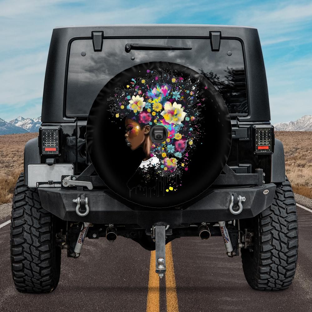 black woman jeep tire cover with backup camera hole, black woman spare tire cover, black girl jeep tire cover with rear camera hole, girly jeep tire cover backup camera hole