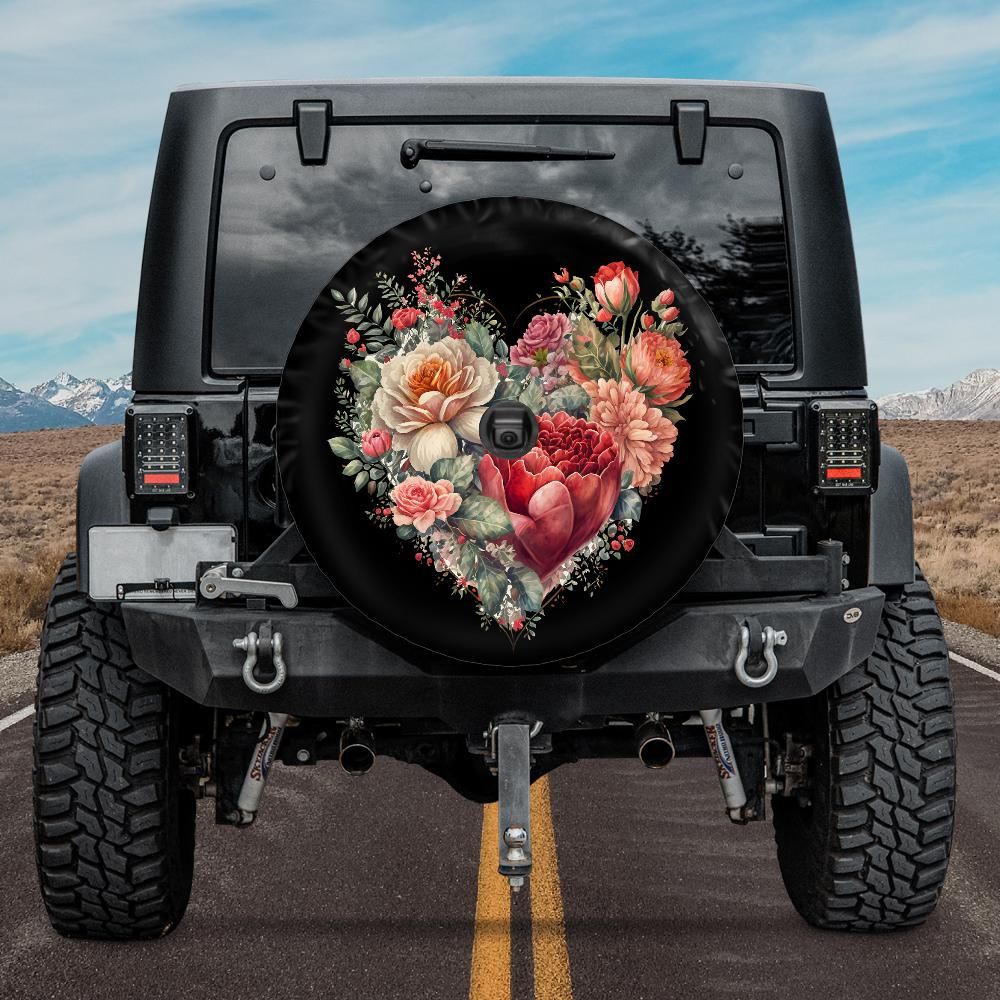 heart jeep tire cover with backup camera hole, girly spare tire cover for jeep, flowers jeep tire cover