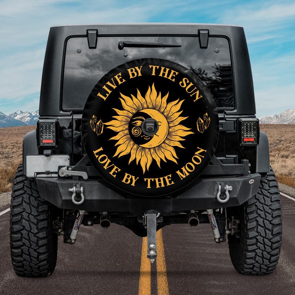 boho jeep tire cover with backup camera hole, live by the sun love by the moon jeep tire cover